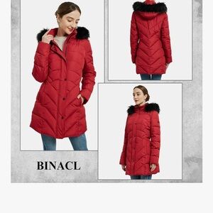 Women's Red Puffer Jacket with Faux Fur Hood